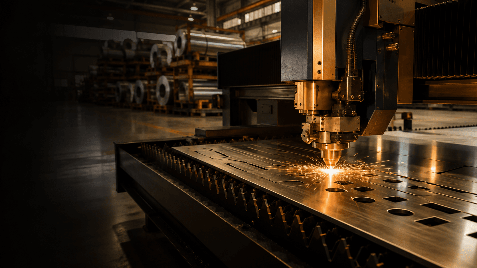 Metal fabrication workshop with a technician inspecting a finished component