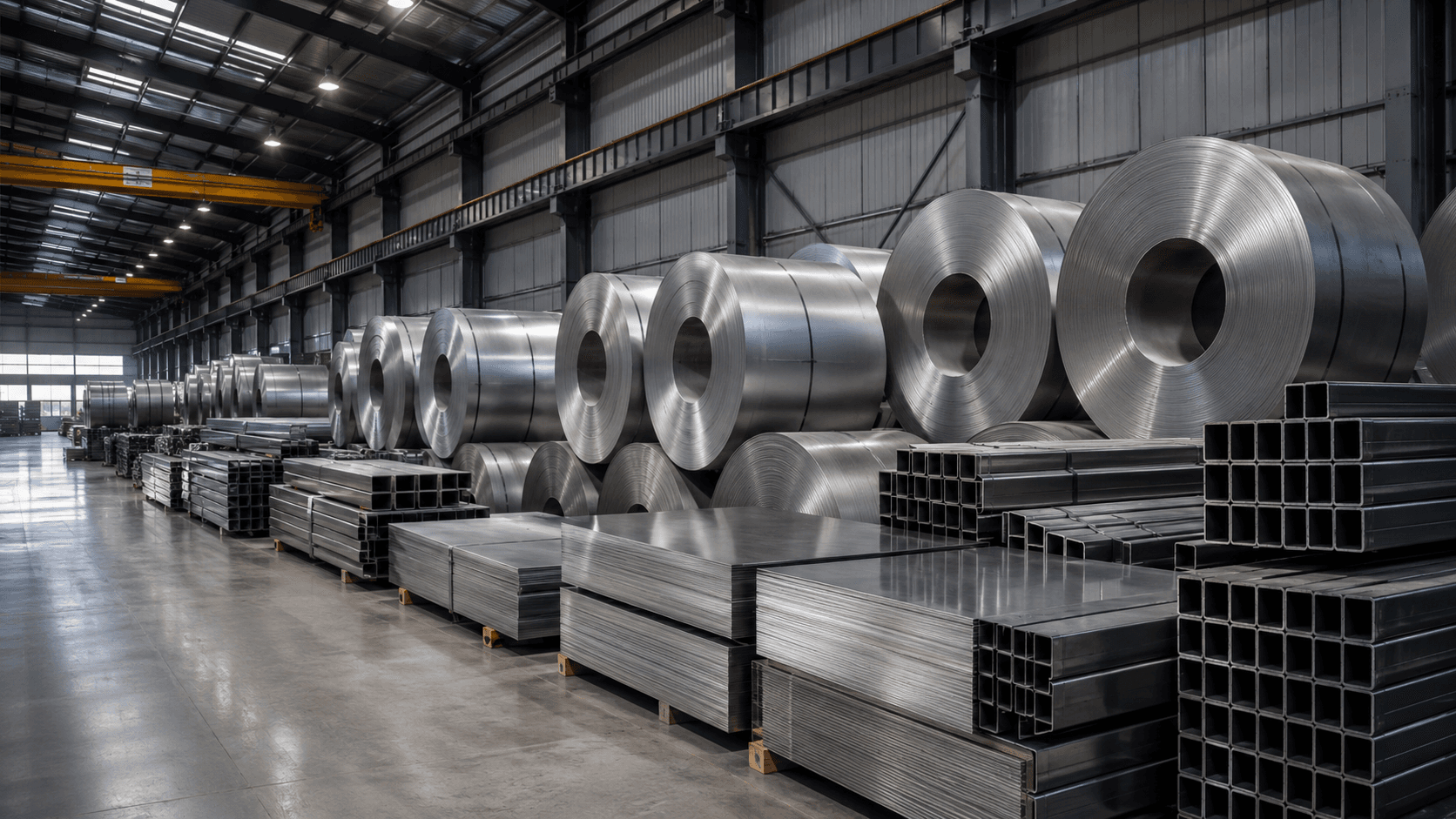 Organized steel warehouse with coils, sheets, pipes, and sections