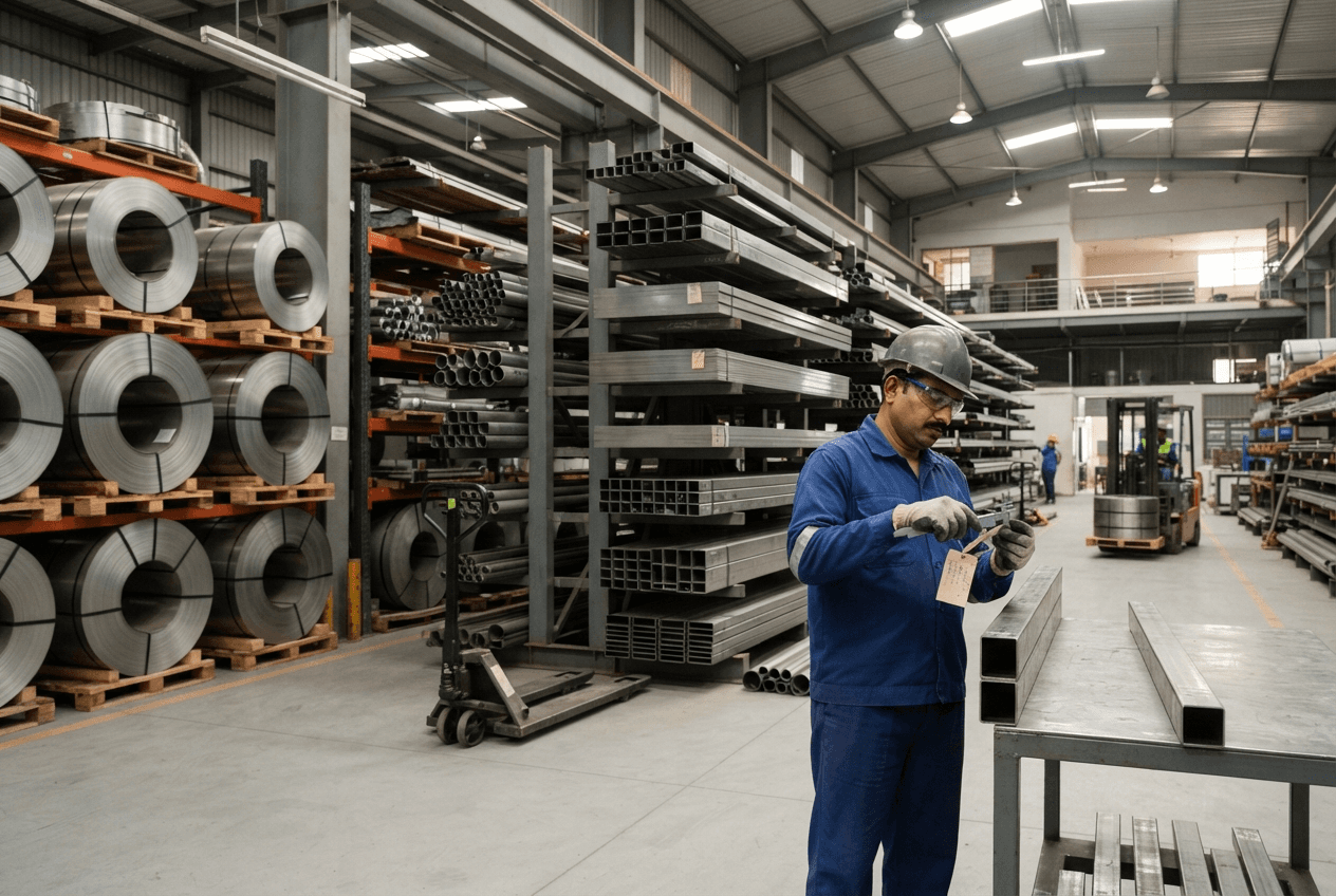 Stainless-steel materials in an organized warehouse